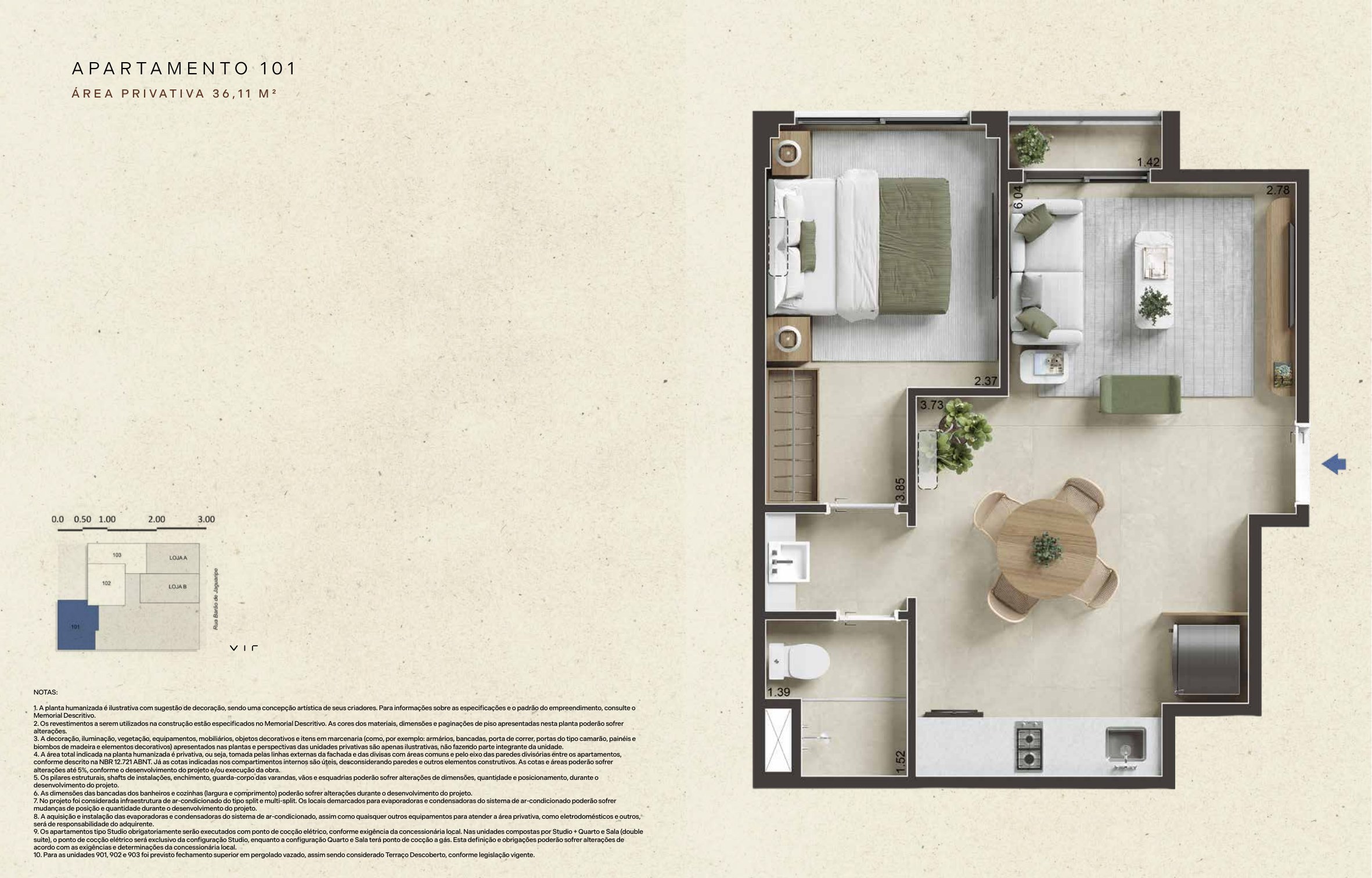 Planta ilustrativa: Apartamento 101, 36,11 m² privativos. Sala e cozinha abertas, dormitório separado, banheiro e pequena área externa junto à sala.