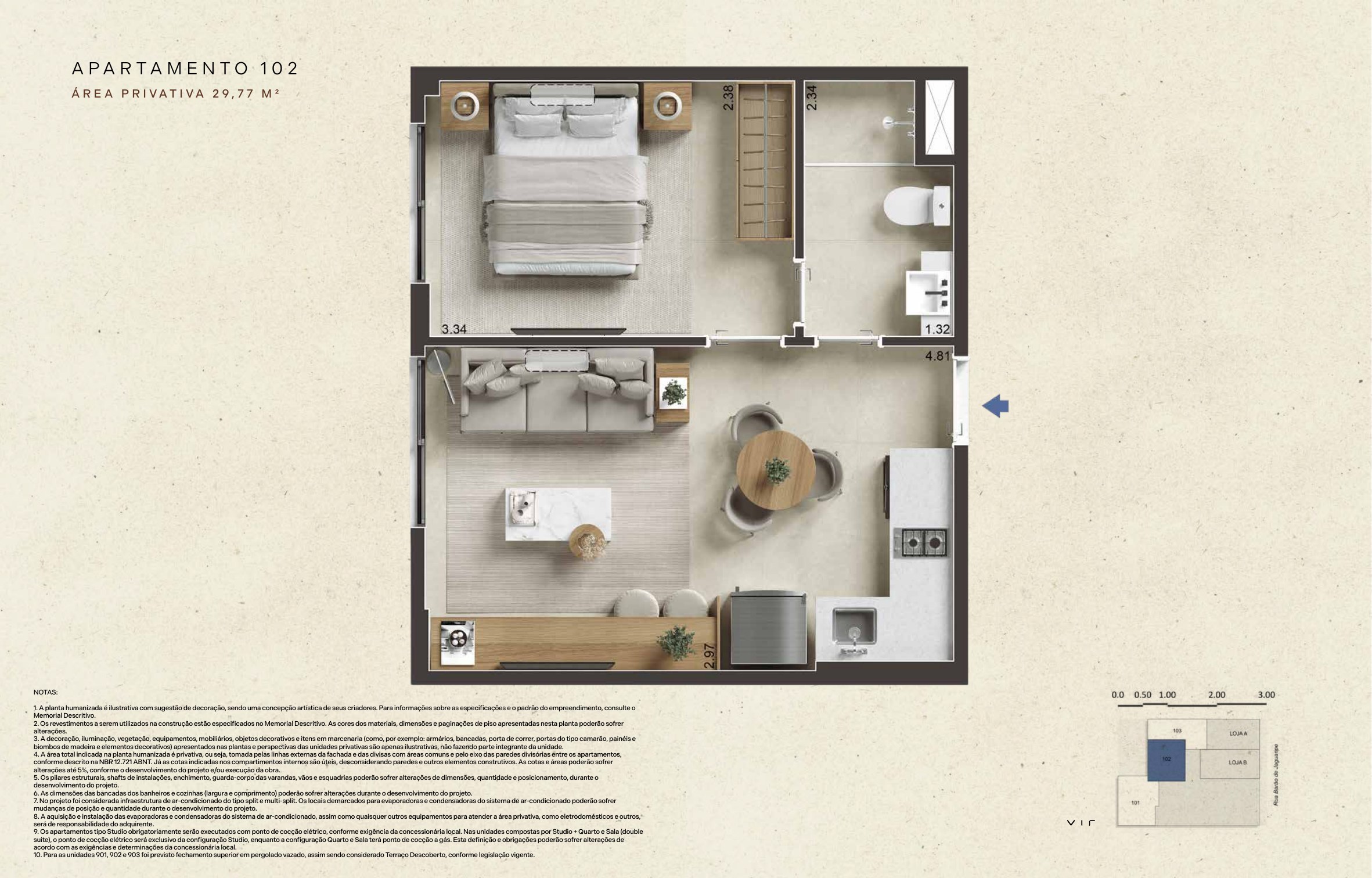 Planta ilustrativa: Apartamento 102, 29,77 m² privativos. Sala com cozinha aberta e espaço de refeições, dormitório separado e banheiro.