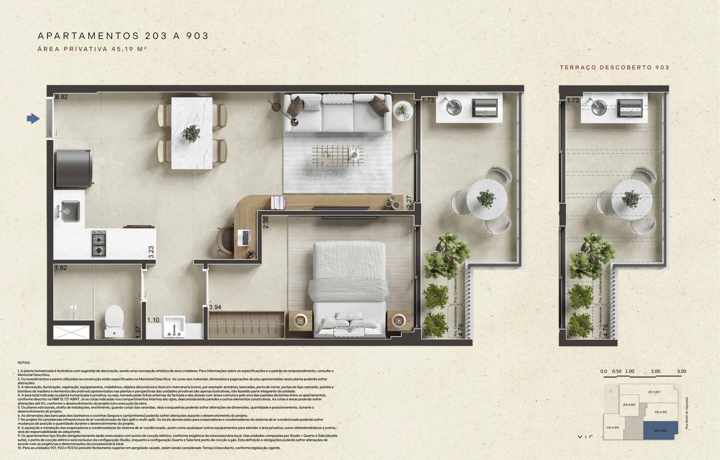 Planta ilustrativa: Apartamentos 203 a 903, 45,19 m² privativos. Sala com cozinha aberta e espaço de refeições, dormitório separado e banheiro com bancada externa à área do box. A página apresenta também um detalhe do terraço descoberto da unidade 903.