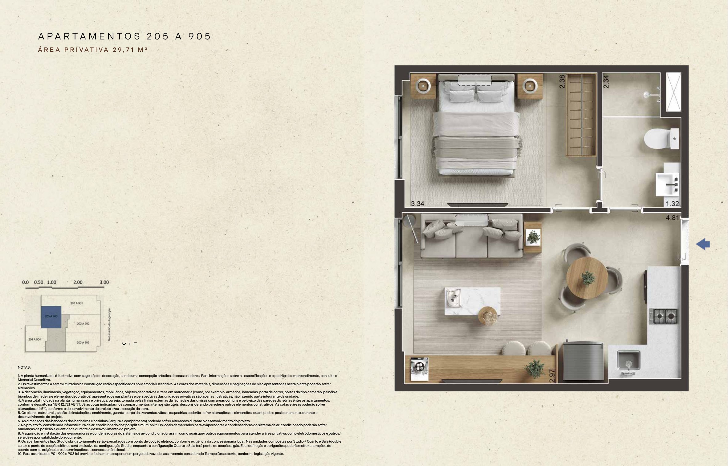 Planta ilustrativa dos apartamentos 205 a 905, com 29,71 m² privativos, sala com cozinha aberta, mesa sugerida, dormitório separado e banheiro